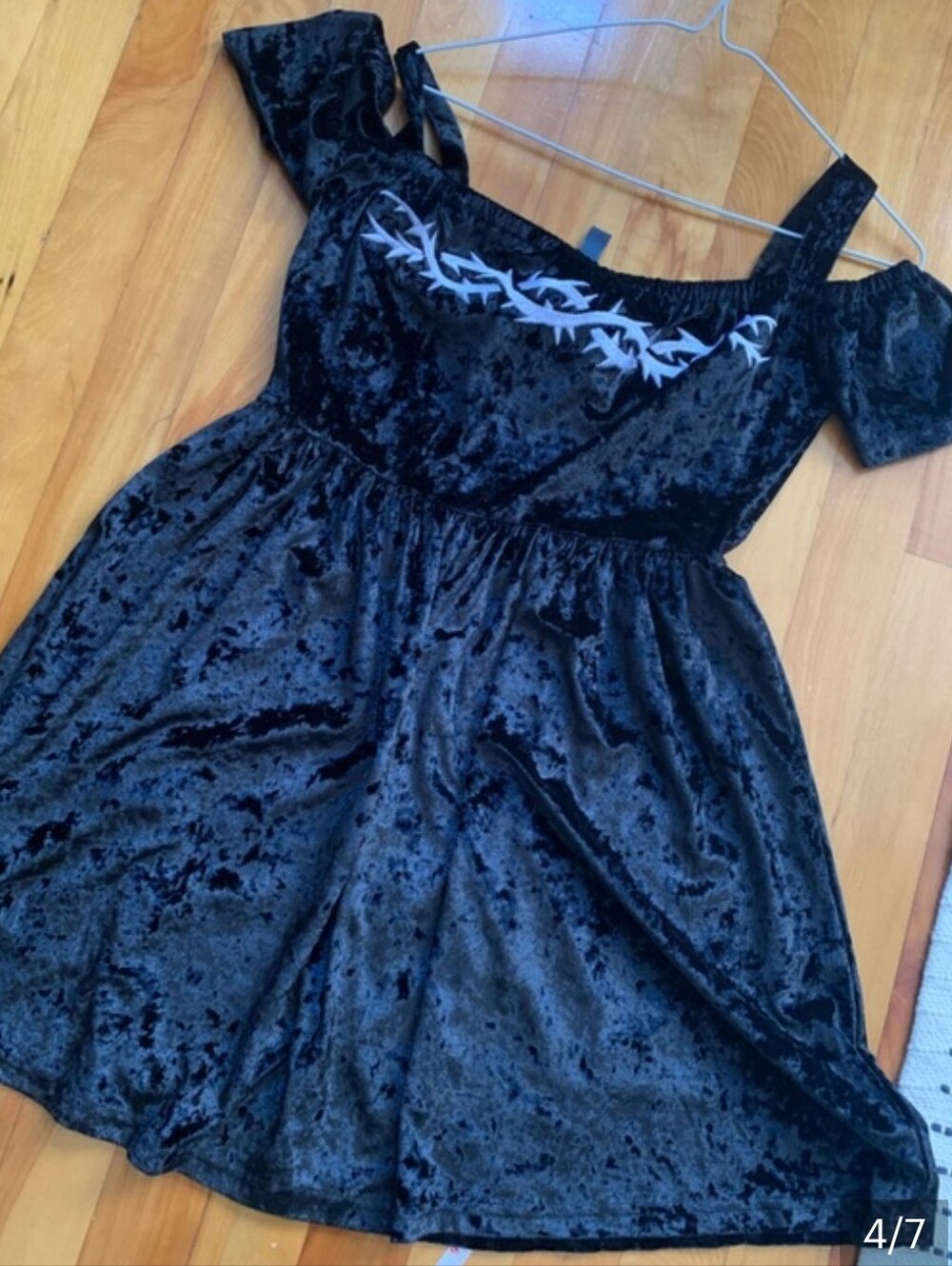 DISTURBIA "Thornhille" Crushed Velvet Mini Dress w/ Embroidered Crown of Thorns